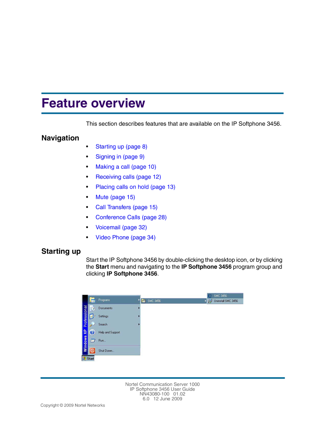Nortel Networks NN43080-100, 3456 manual Feature overview, Starting up 