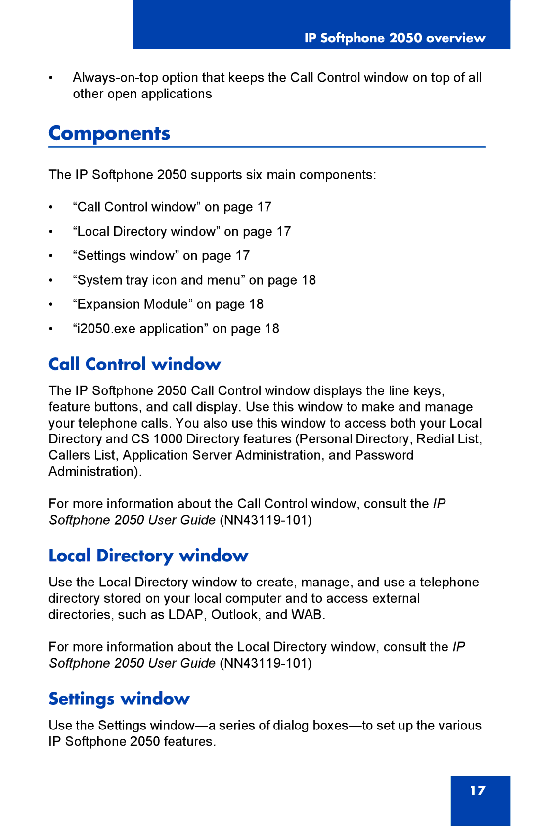 Nortel Networks NN43119-100 manual Components, Call Control window, Local Directory window, Settings window 