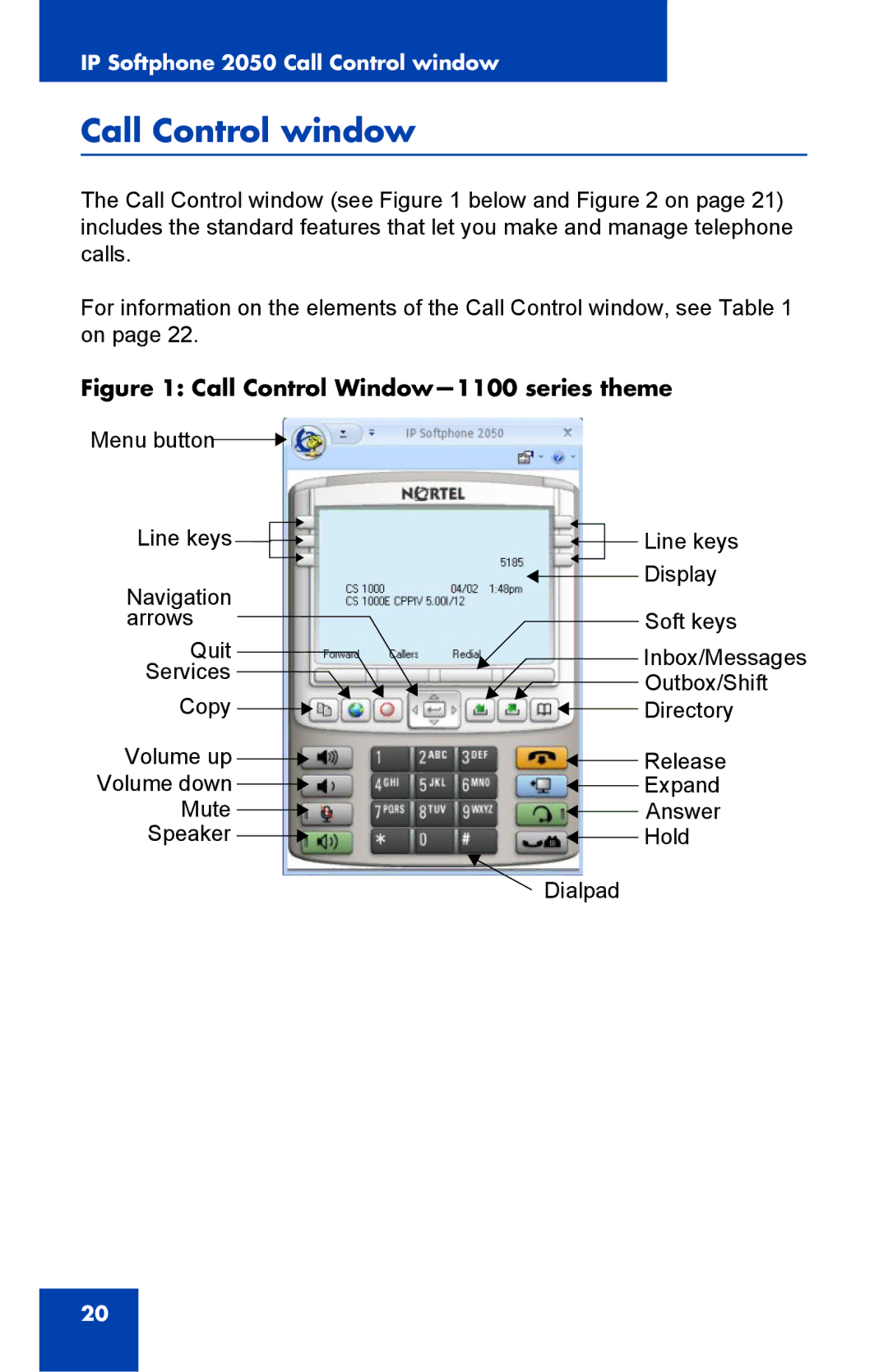 Nortel Networks NN43119-100 manual Call Control window, Call Control Window-1100 series theme 