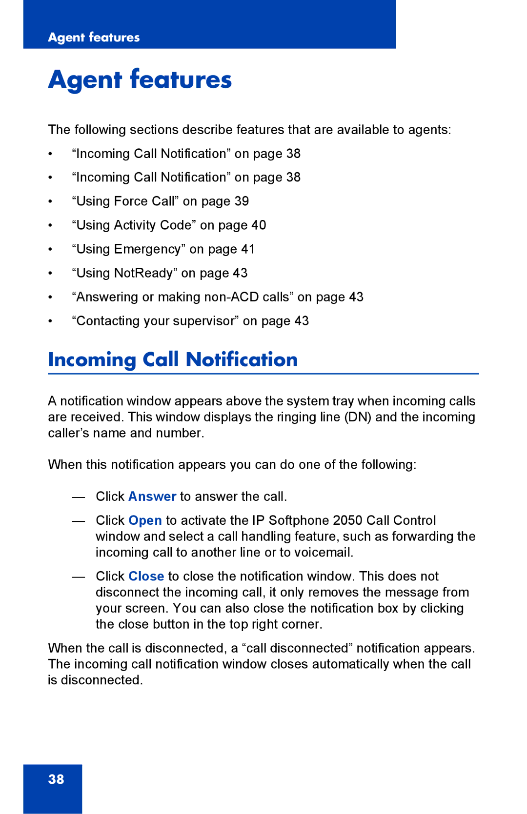 Nortel Networks NN43119-100 manual Agent features, Incoming Call Notification 