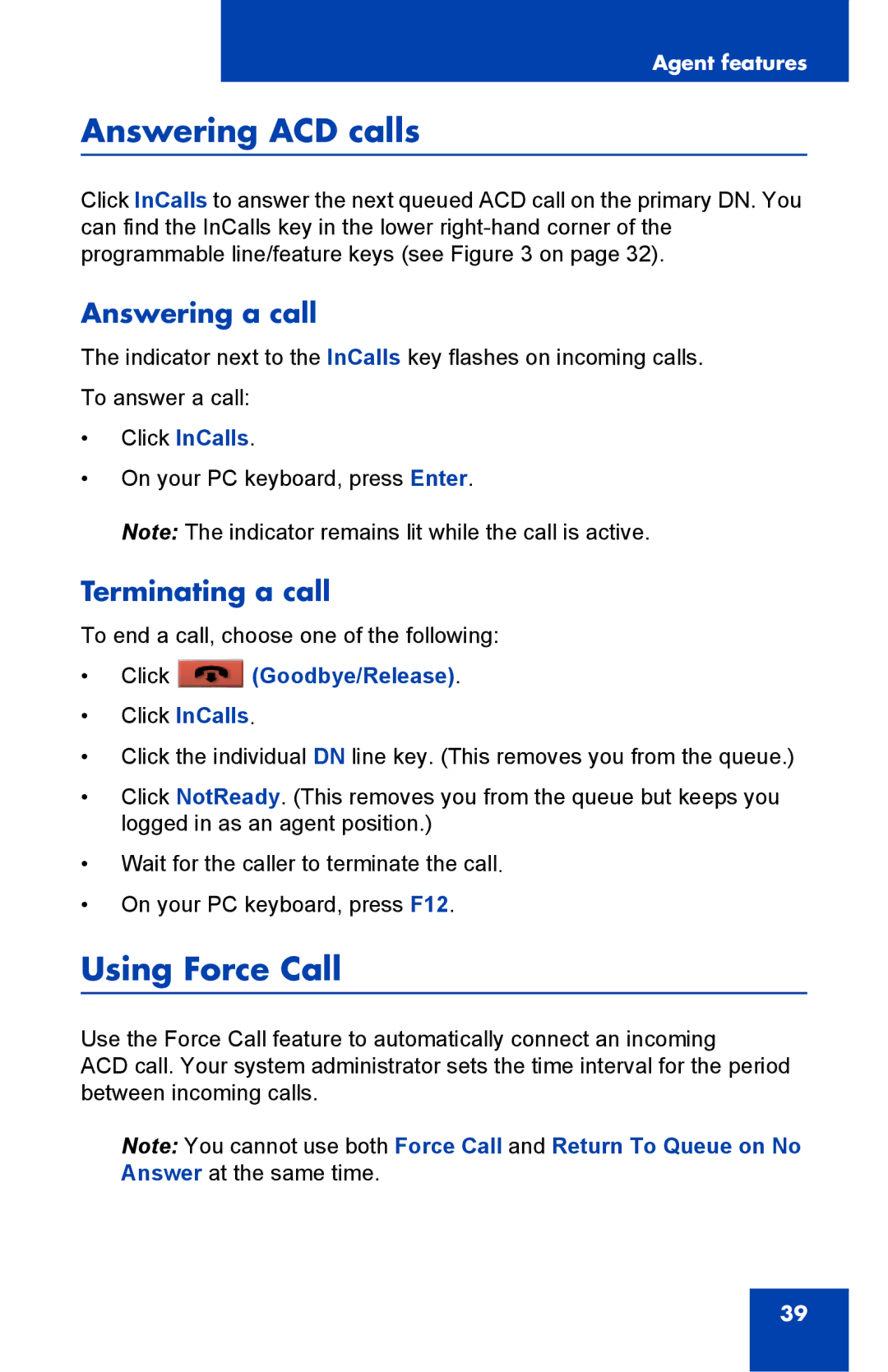 Nortel Networks NN43119-100 manual Answering ACD calls, Using Force Call, Answering a call, Terminating a call 