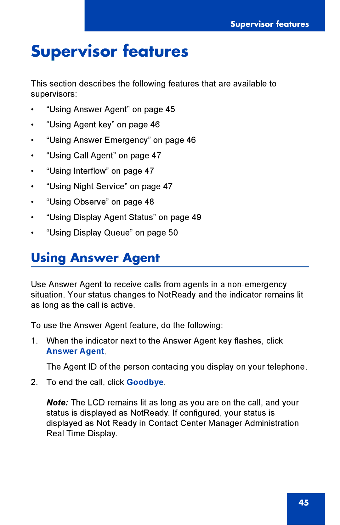 Nortel Networks NN43119-100 manual Supervisor features, Using Answer Agent 