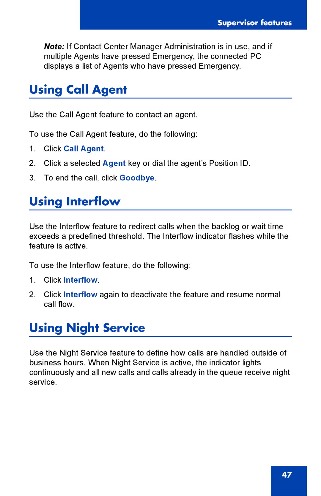 Nortel Networks NN43119-100 manual Using Call Agent, Using Interflow, Using Night Service 