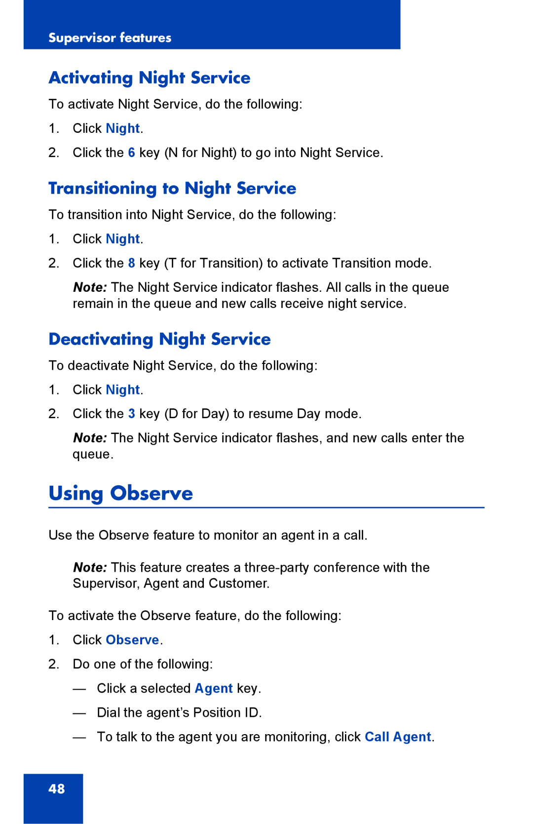 Nortel Networks NN43119-100 manual Using Observe, Activating Night Service, Transitioning to Night Service 