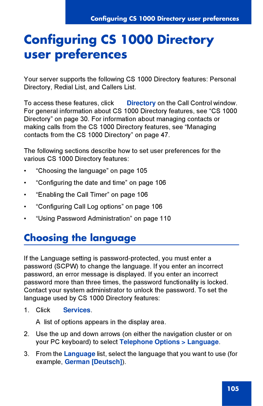 Nortel Networks NN43119-101 manual Configuring CS 1000 Directory user preferences, Choosing the language, Click Services 