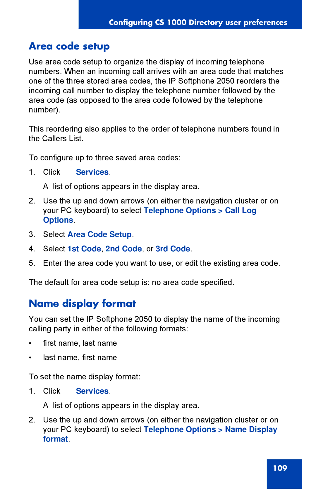 Nortel Networks NN43119-101 manual Area code setup, Name display format 