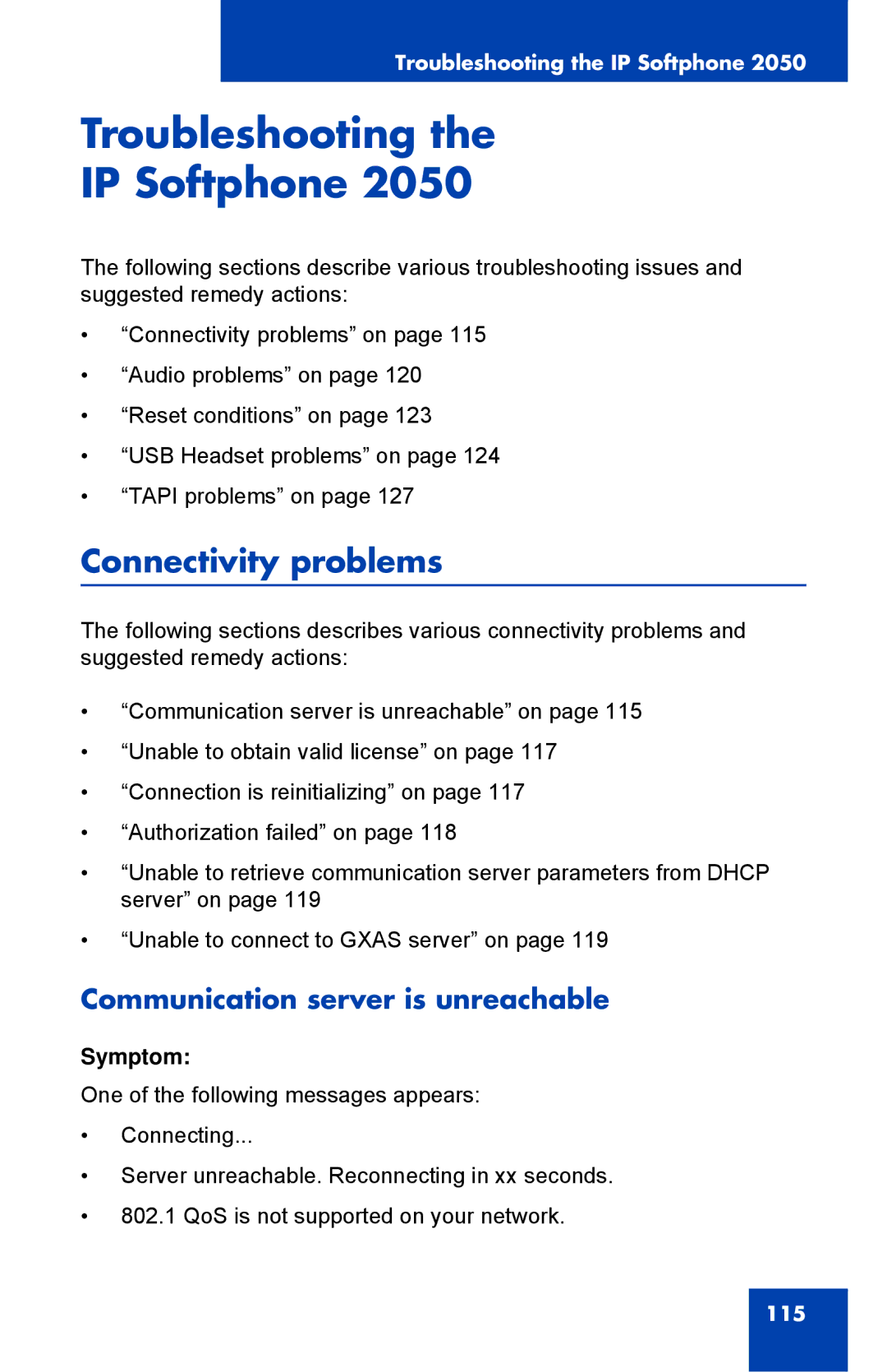 Nortel Networks NN43119-101 manual Troubleshooting IP Softphone, Connectivity problems, Communication server is unreachable 