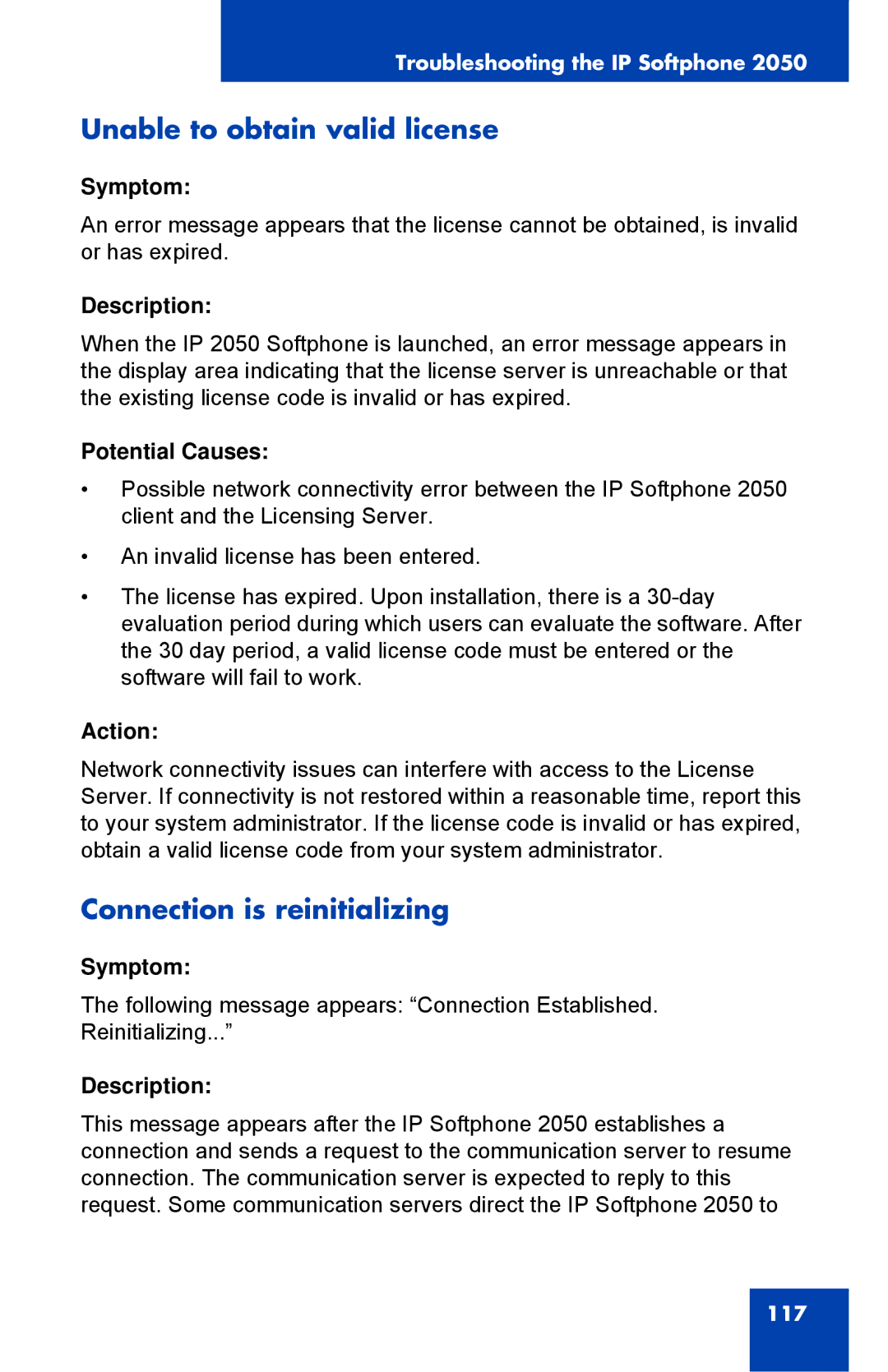 Nortel Networks NN43119-101 manual Unable to obtain valid license, Connection is reinitializing 