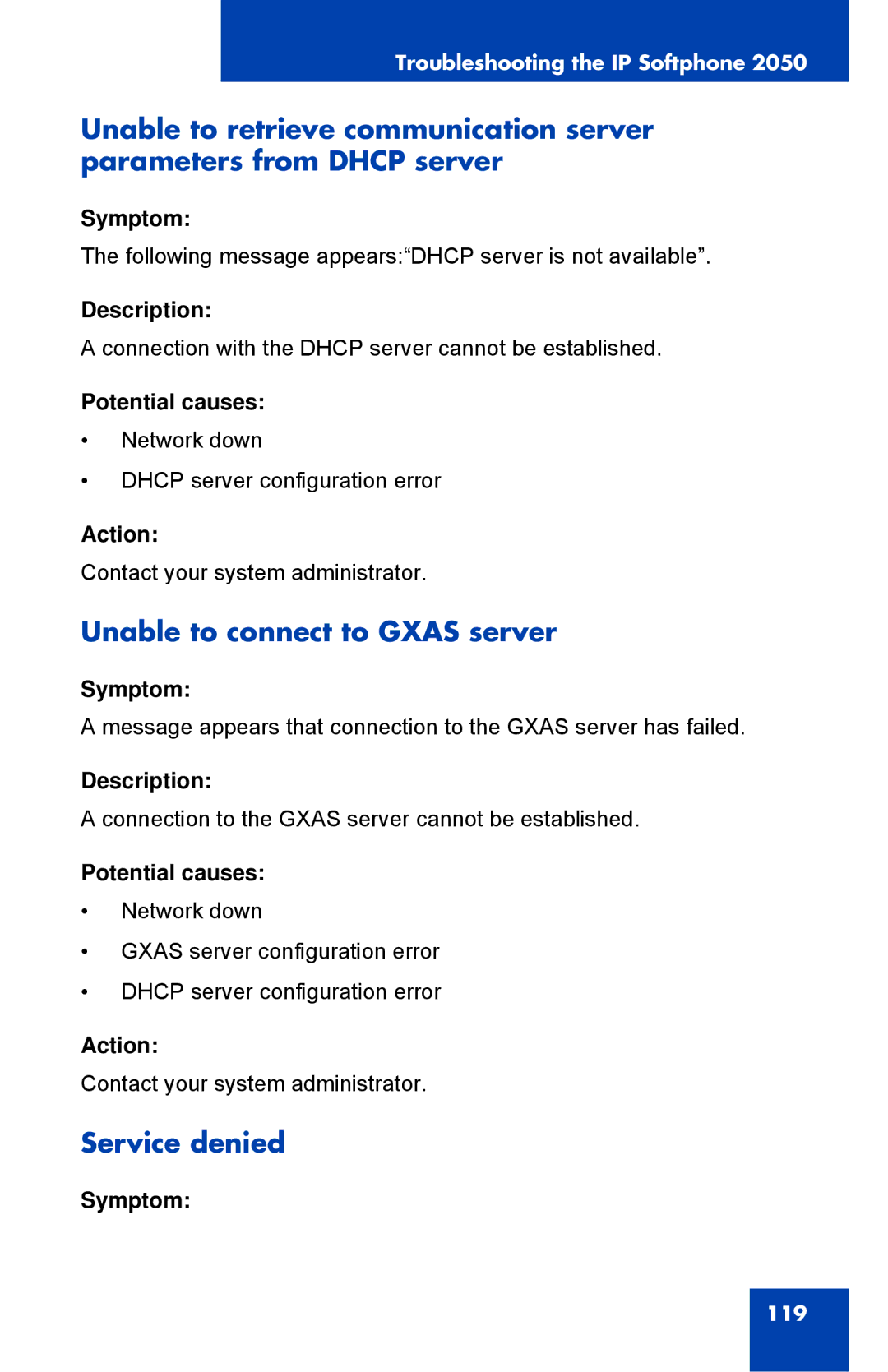 Nortel Networks NN43119-101 manual Unable to connect to Gxas server, Service denied 