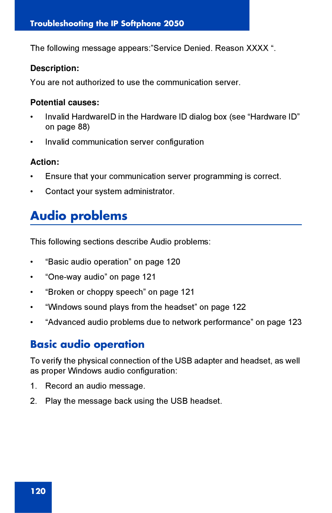 Nortel Networks NN43119-101 manual Audio problems, Basic audio operation 