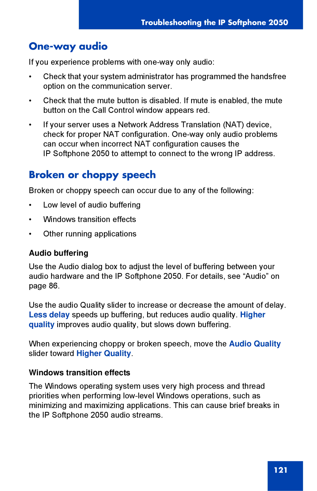 Nortel Networks NN43119-101 manual One-way audio, Broken or choppy speech, Audio buffering, Windows transition effects 