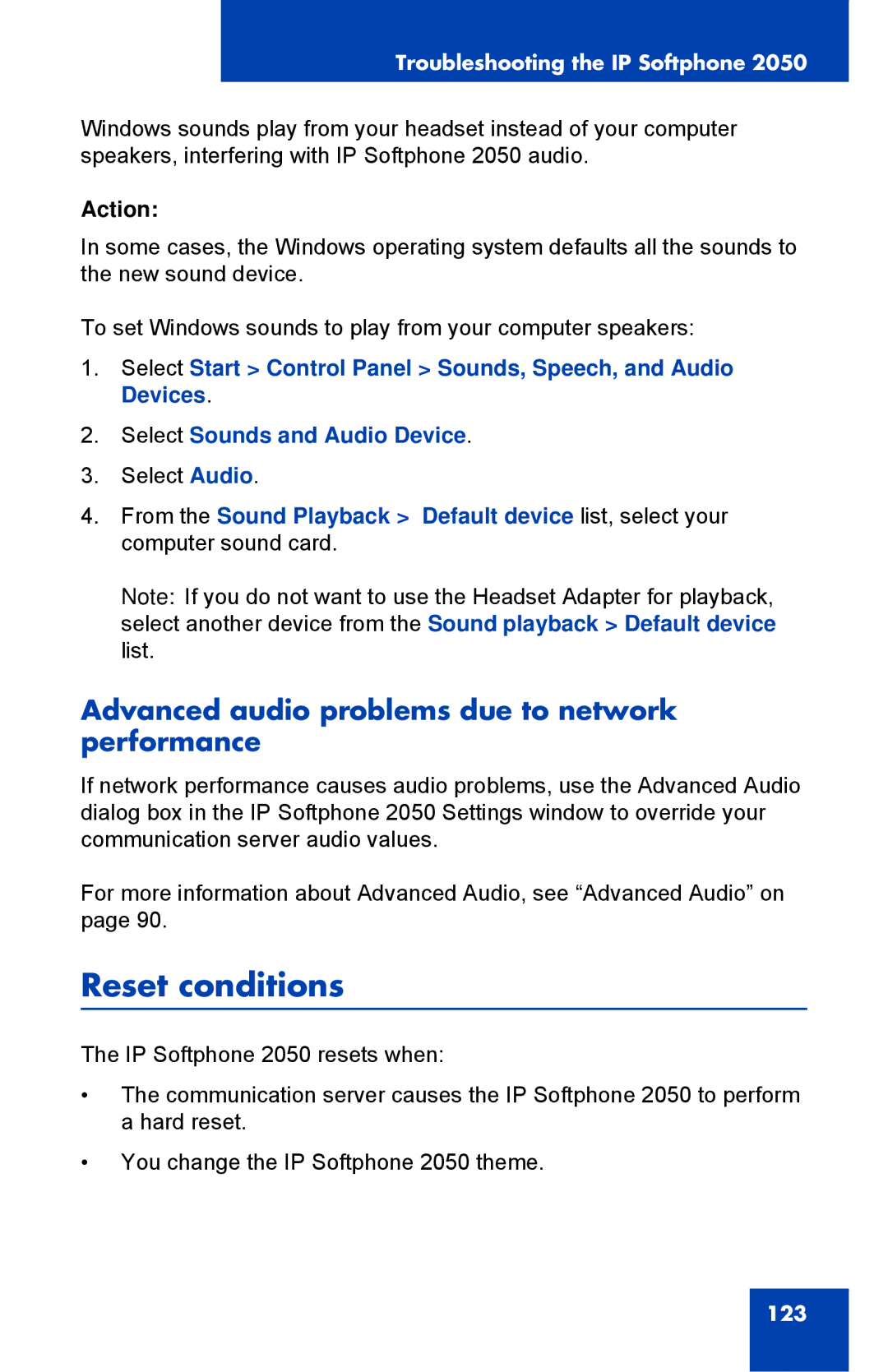 Nortel Networks NN43119-101 manual Reset conditions, Advanced audio problems due to network performance 