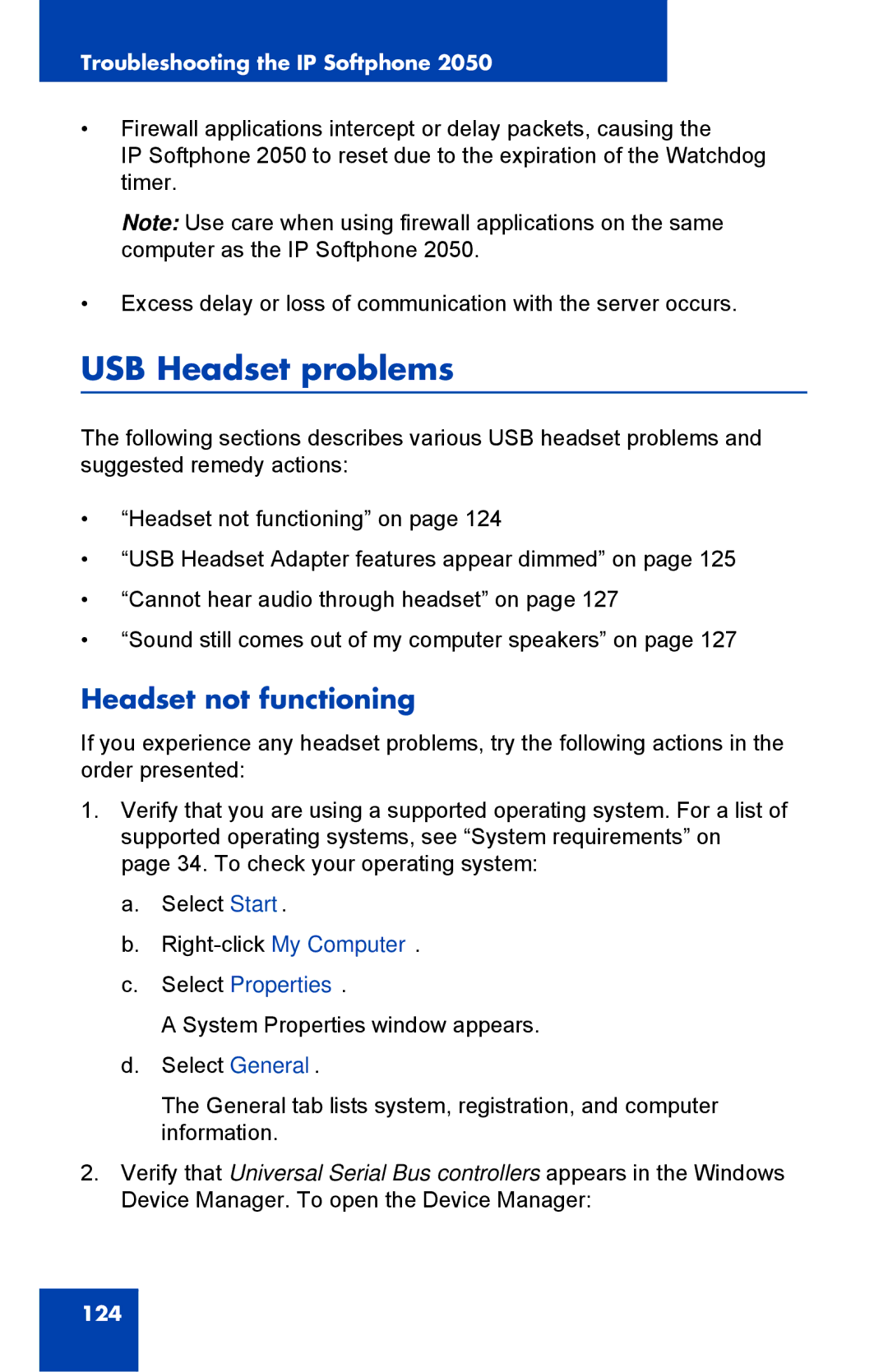 Nortel Networks NN43119-101 manual USB Headset problems, Headset not functioning, Select Properties 