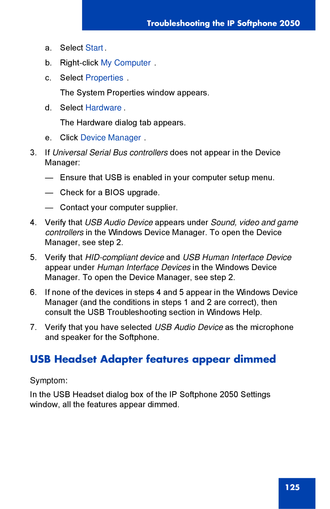 Nortel Networks NN43119-101 manual USB Headset Adapter features appear dimmed, Click Device Manager 