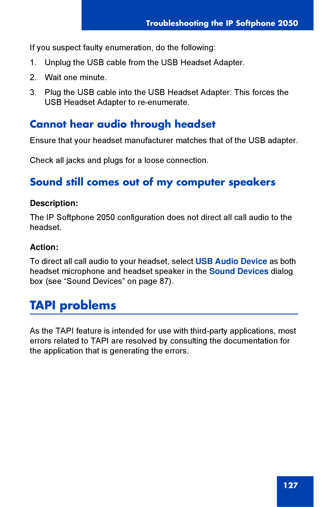 Nortel Networks NN43119-101 manual Tapi problems, Cannot hear audio through headset 