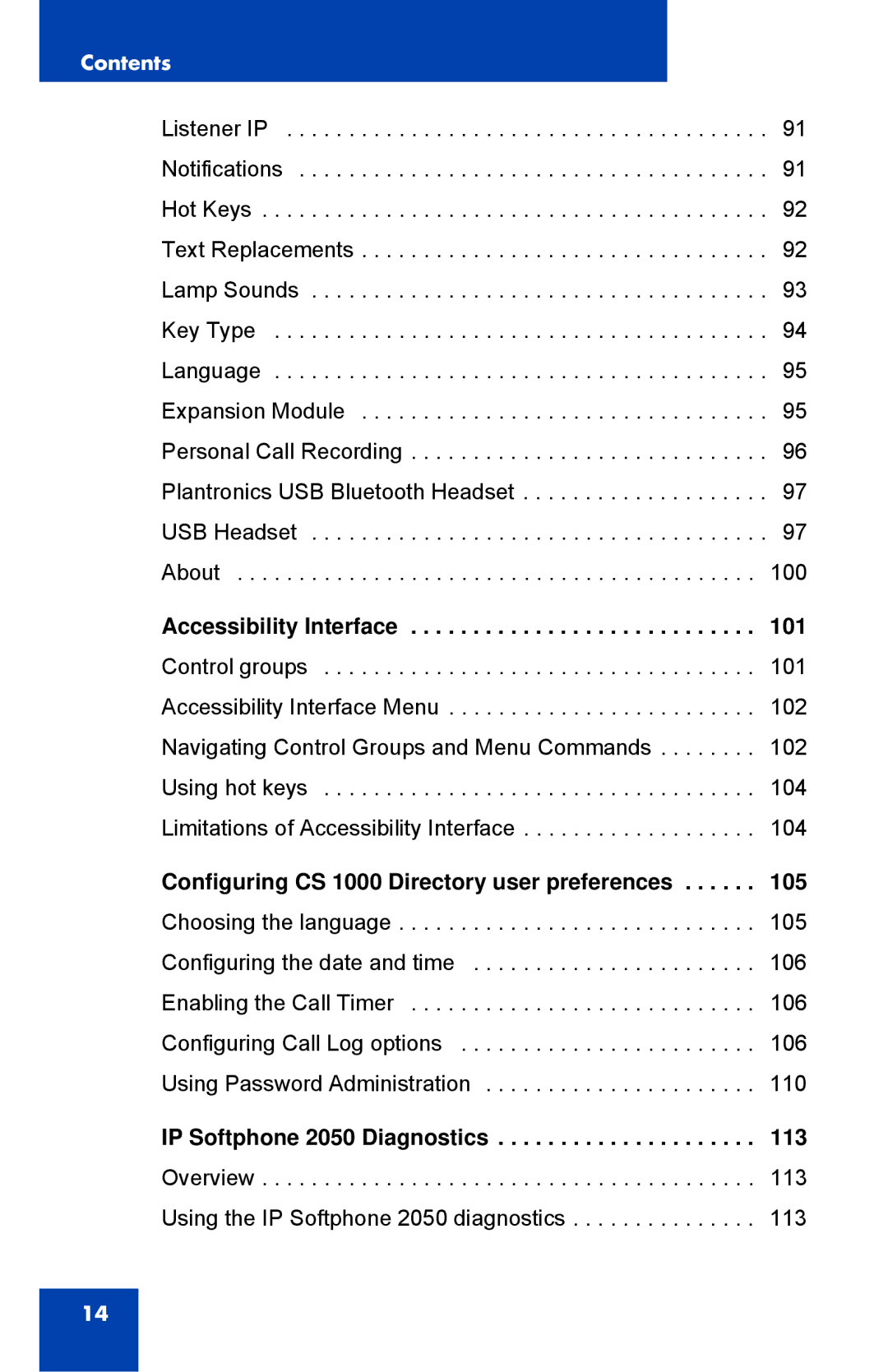 Nortel Networks NN43119-101 manual Accessibility Interface, Configuring CS 1000 Directory user preferences, 113 