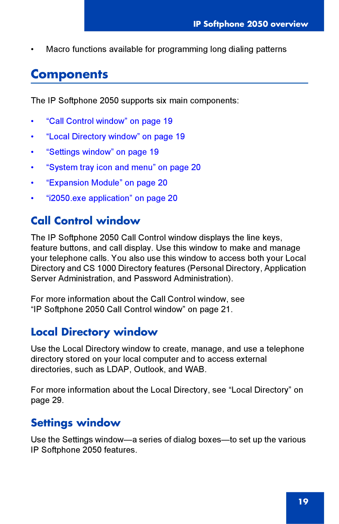 Nortel Networks NN43119-101 manual Components, Call Control window, Local Directory window, Settings window 