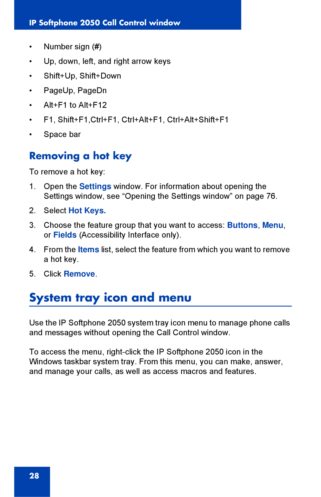 Nortel Networks NN43119-101 manual System tray icon and menu, Removing a hot key 