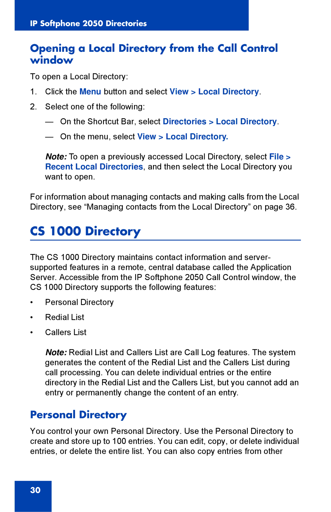 Nortel Networks NN43119-101 CS 1000 Directory, Opening a Local Directory from the Call Control window, Personal Directory 