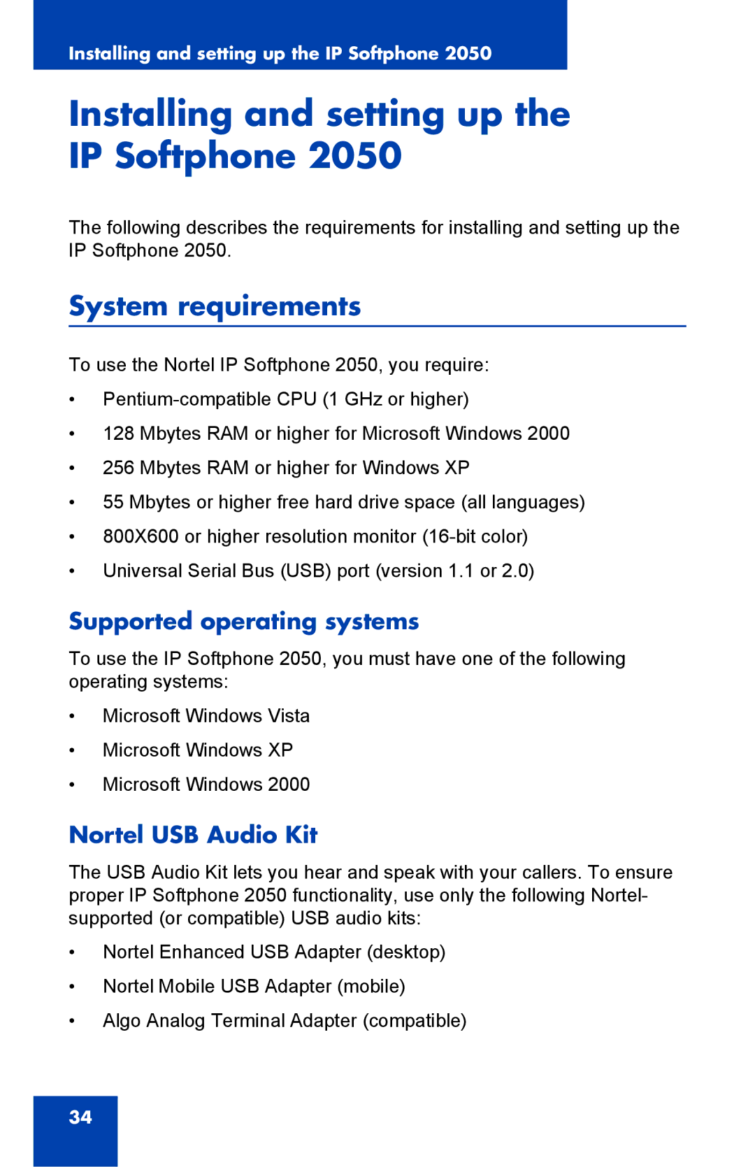 Nortel Networks NN43119-101 Installing and setting up the IP Softphone, System requirements, Supported operating systems 