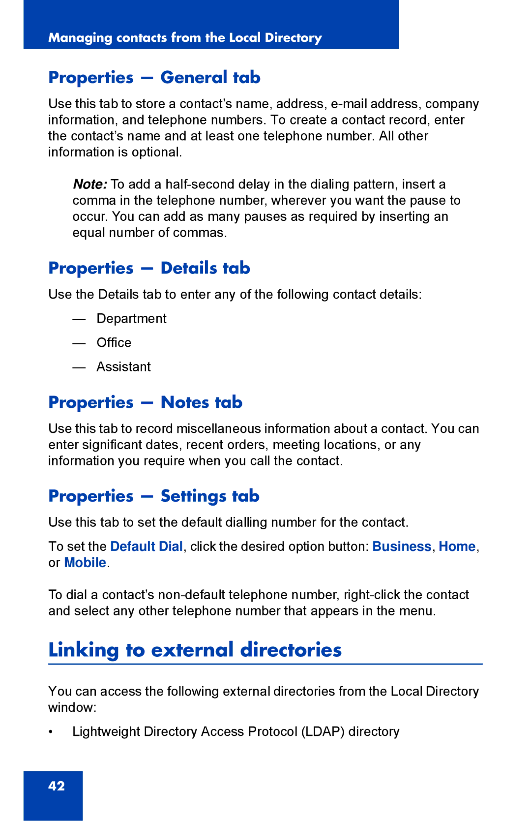 Nortel Networks NN43119-101 manual Linking to external directories, Properties General tab, Properties Details tab 