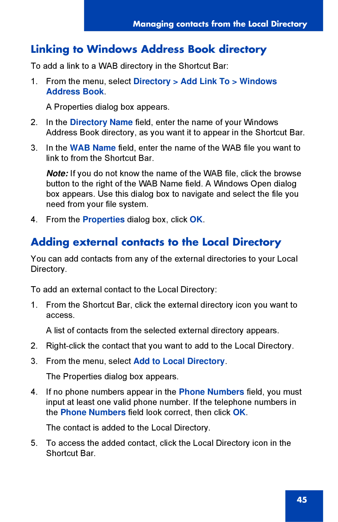 Nortel Networks NN43119-101 Linking to Windows Address Book directory, Adding external contacts to the Local Directory 