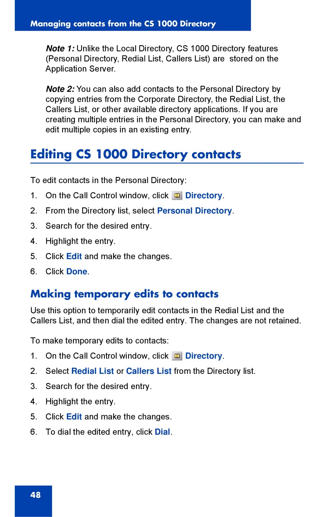 Nortel Networks NN43119-101 manual Editing CS 1000 Directory contacts, Making temporary edits to contacts 