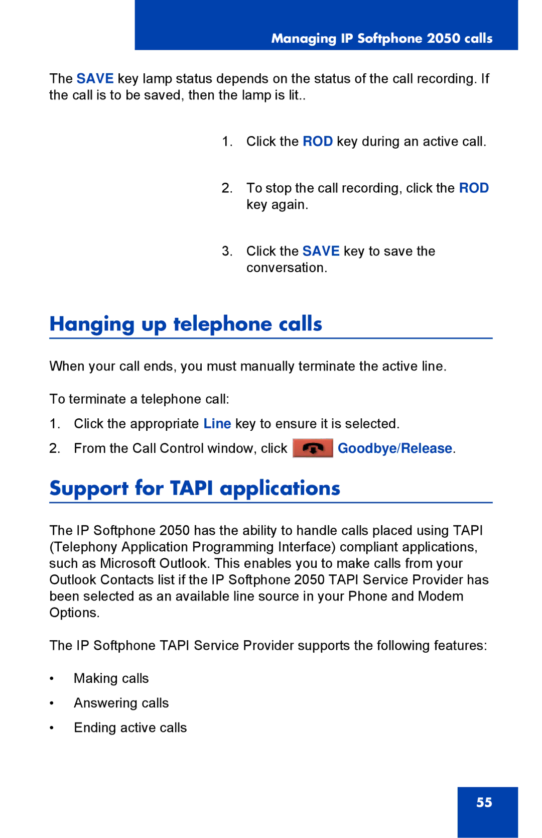 Nortel Networks NN43119-101 manual Hanging up telephone calls, Support for Tapi applications 