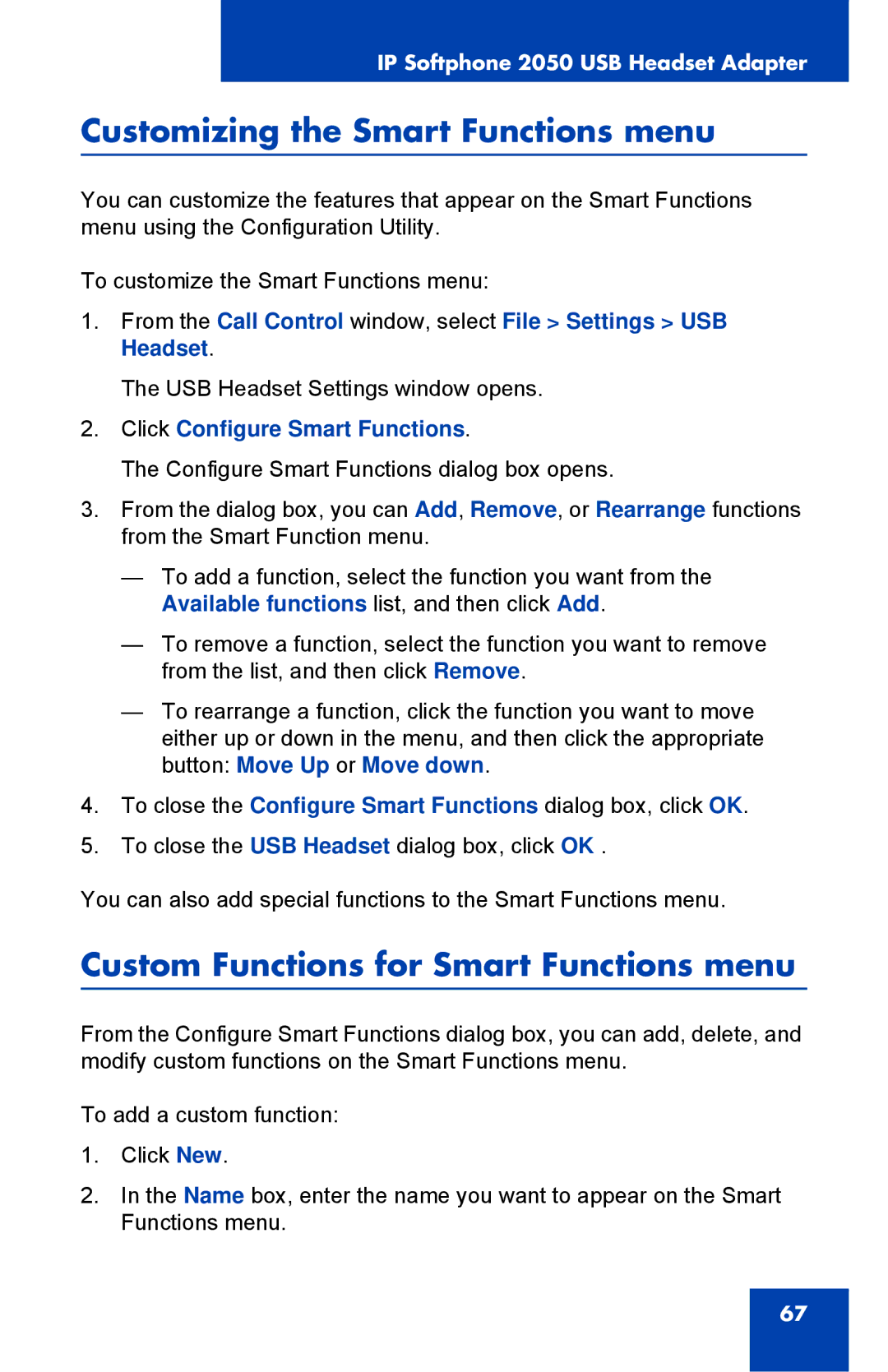 Nortel Networks NN43119-101 manual Customizing the Smart Functions menu, Custom Functions for Smart Functions menu 