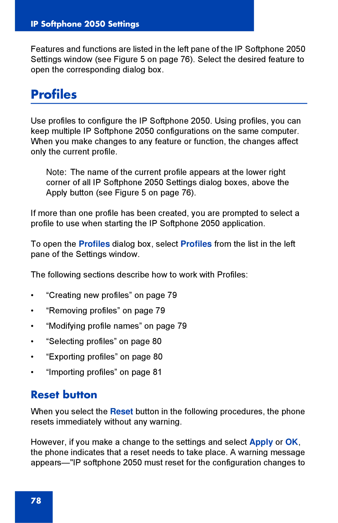 Nortel Networks NN43119-101 manual Profiles, Reset button 