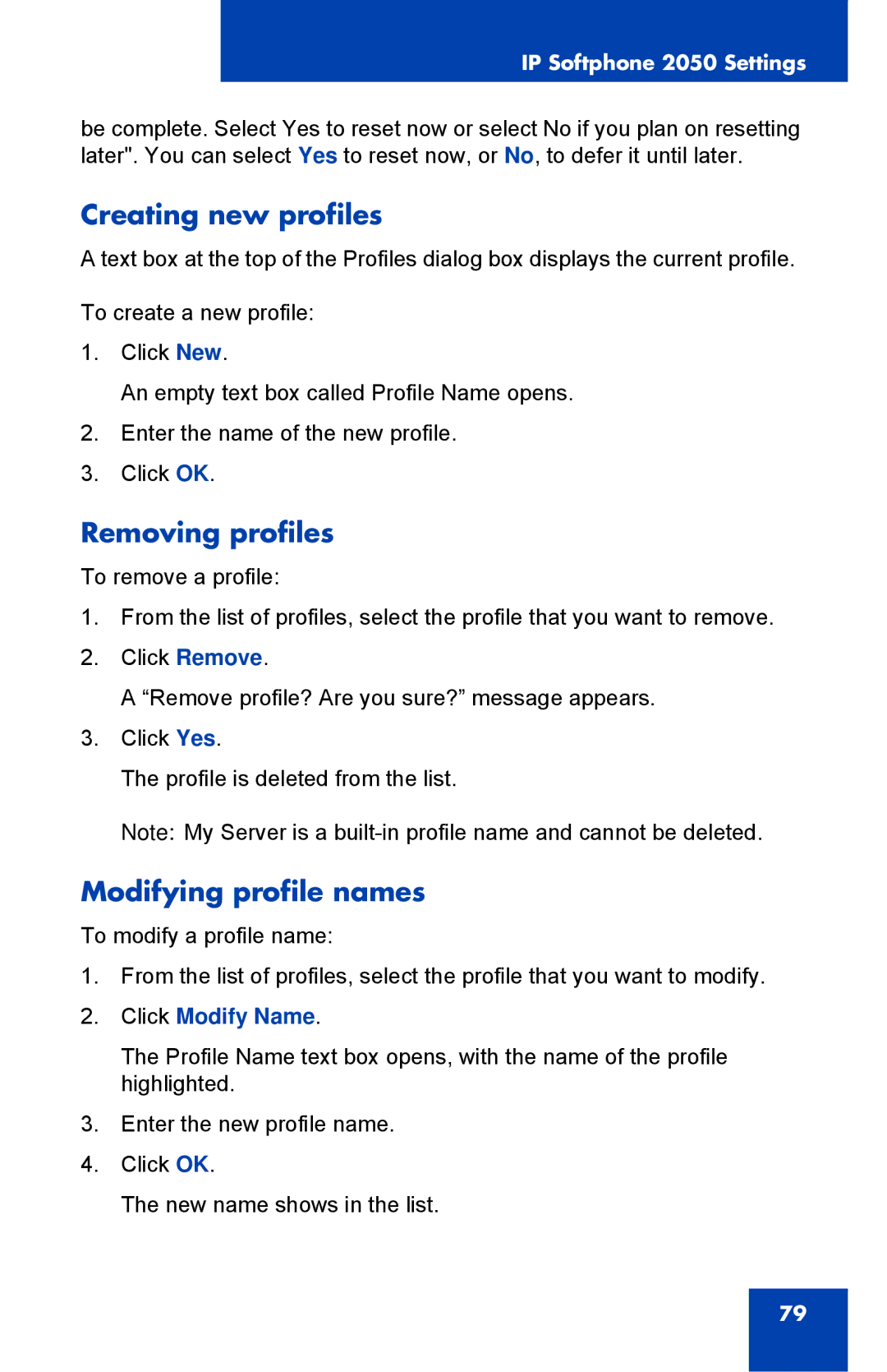 Nortel Networks NN43119-101 manual Creating new profiles, Removing profiles, Modifying profile names, Click Modify Name 