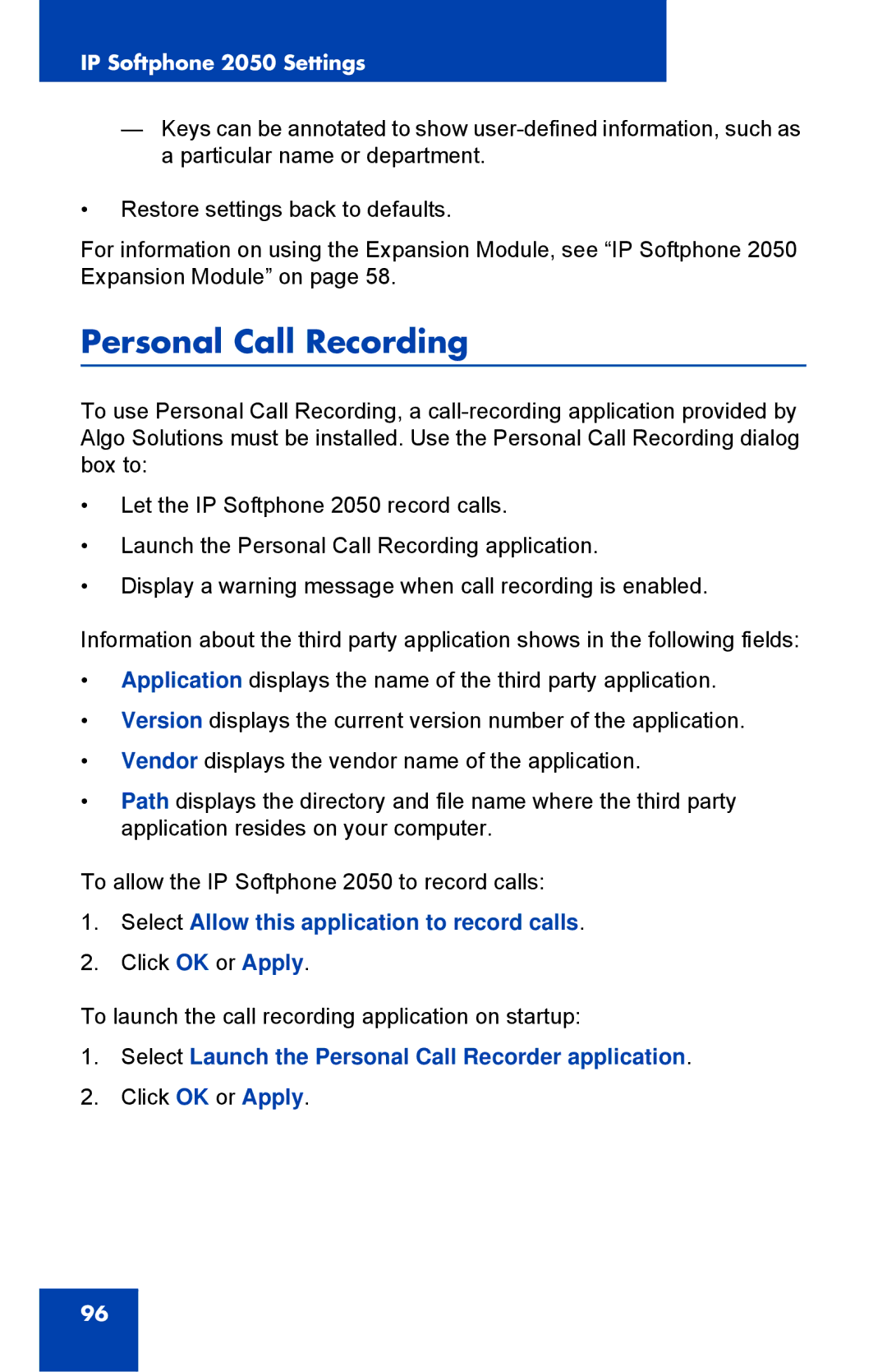 Nortel Networks NN43119-101 manual Personal Call Recording, Select Allow this application to record calls 