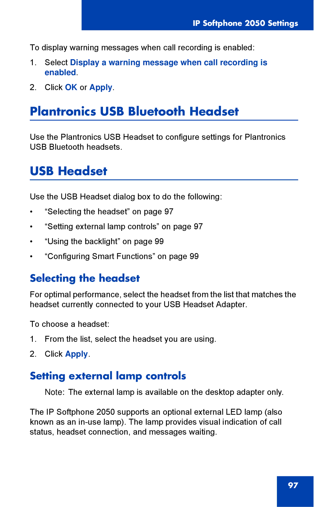 Nortel Networks NN43119-101 manual Plantronics USB Bluetooth Headset, USB Headset, Selecting the headset 