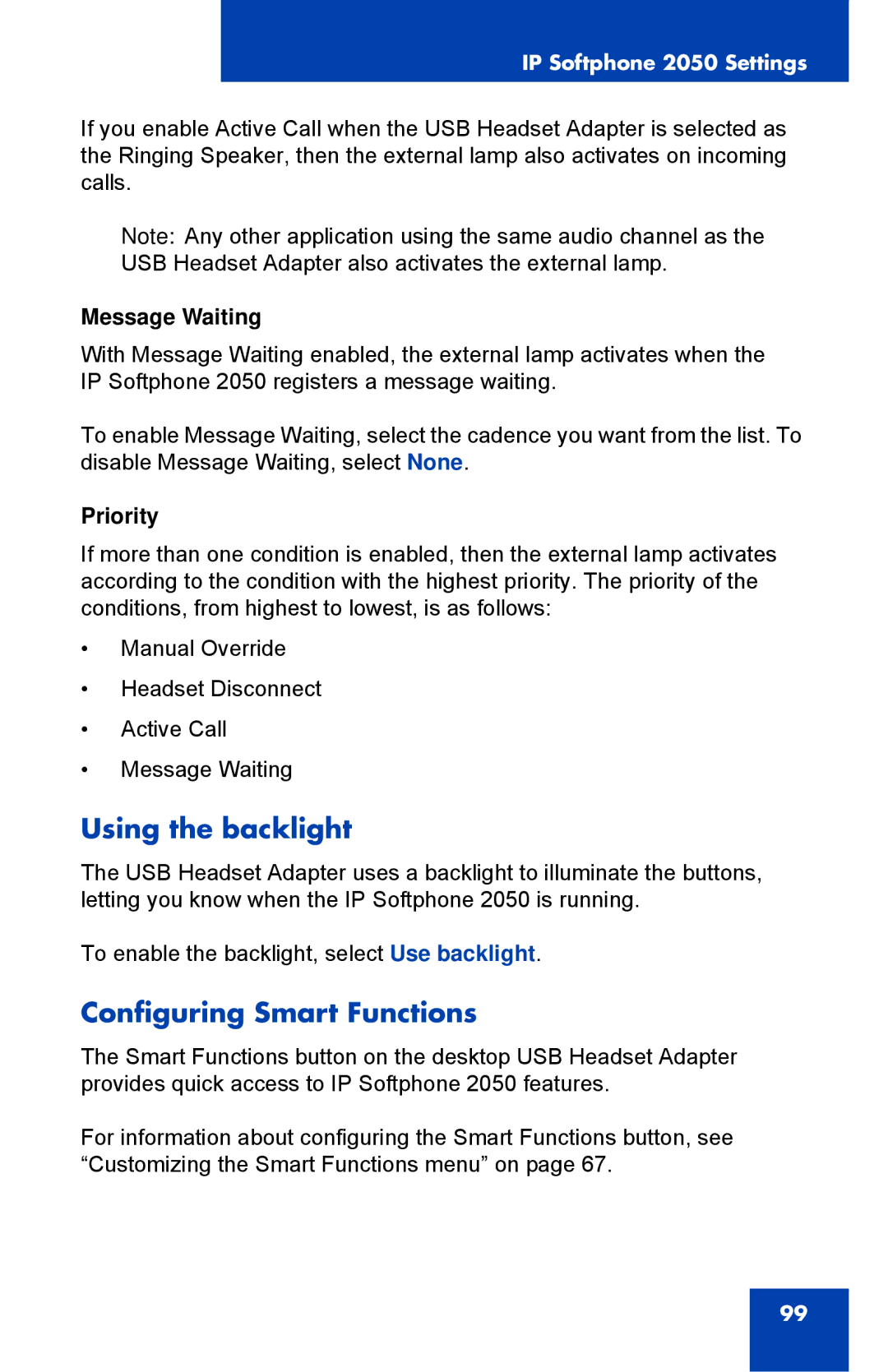 Nortel Networks NN43119-101 manual Using the backlight, Configuring Smart Functions, Message Waiting, Priority 