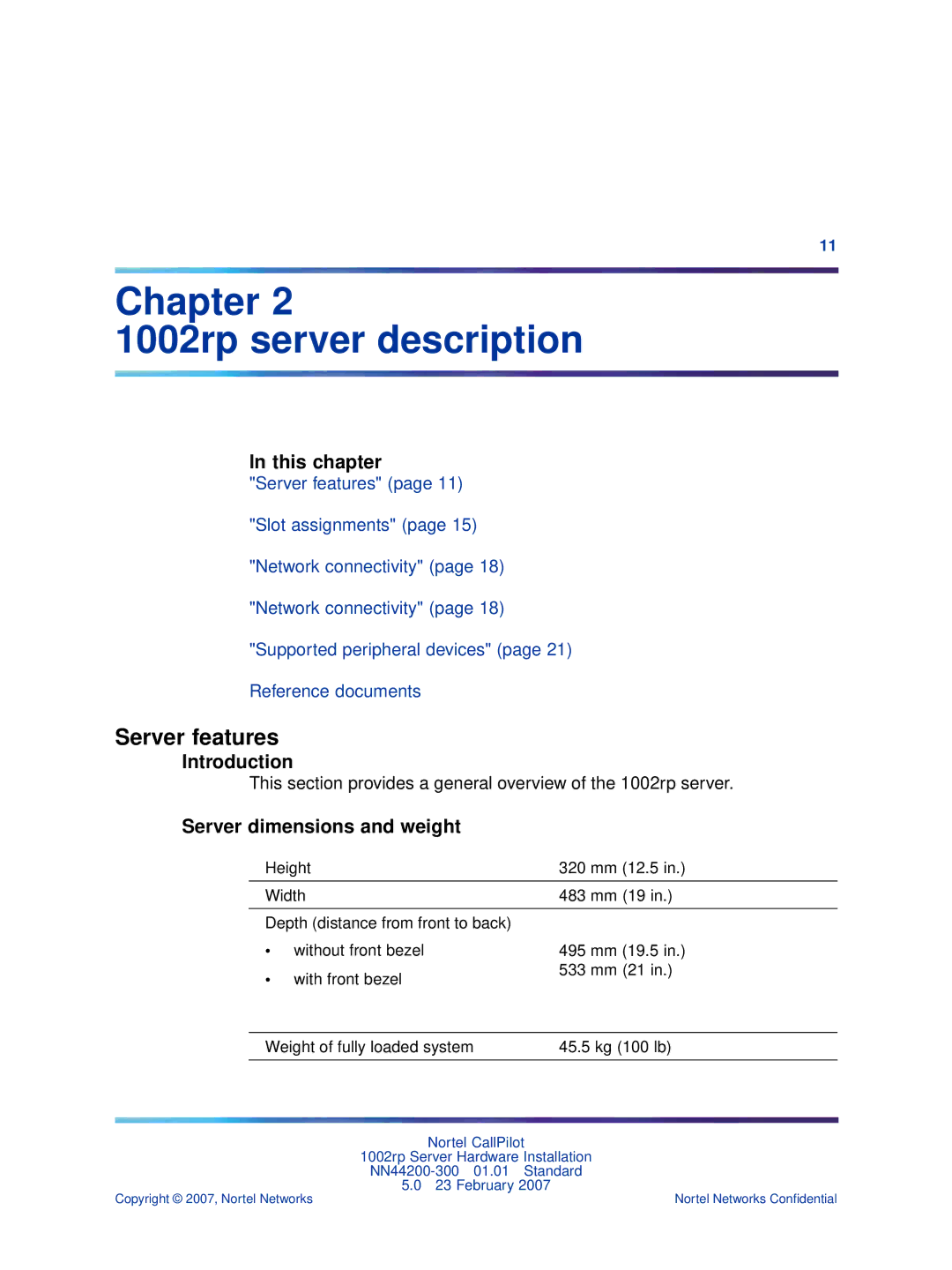 Nortel Networks NN44200-300 manual Server features, This chapter, Introduction, Server dimensions and weight 