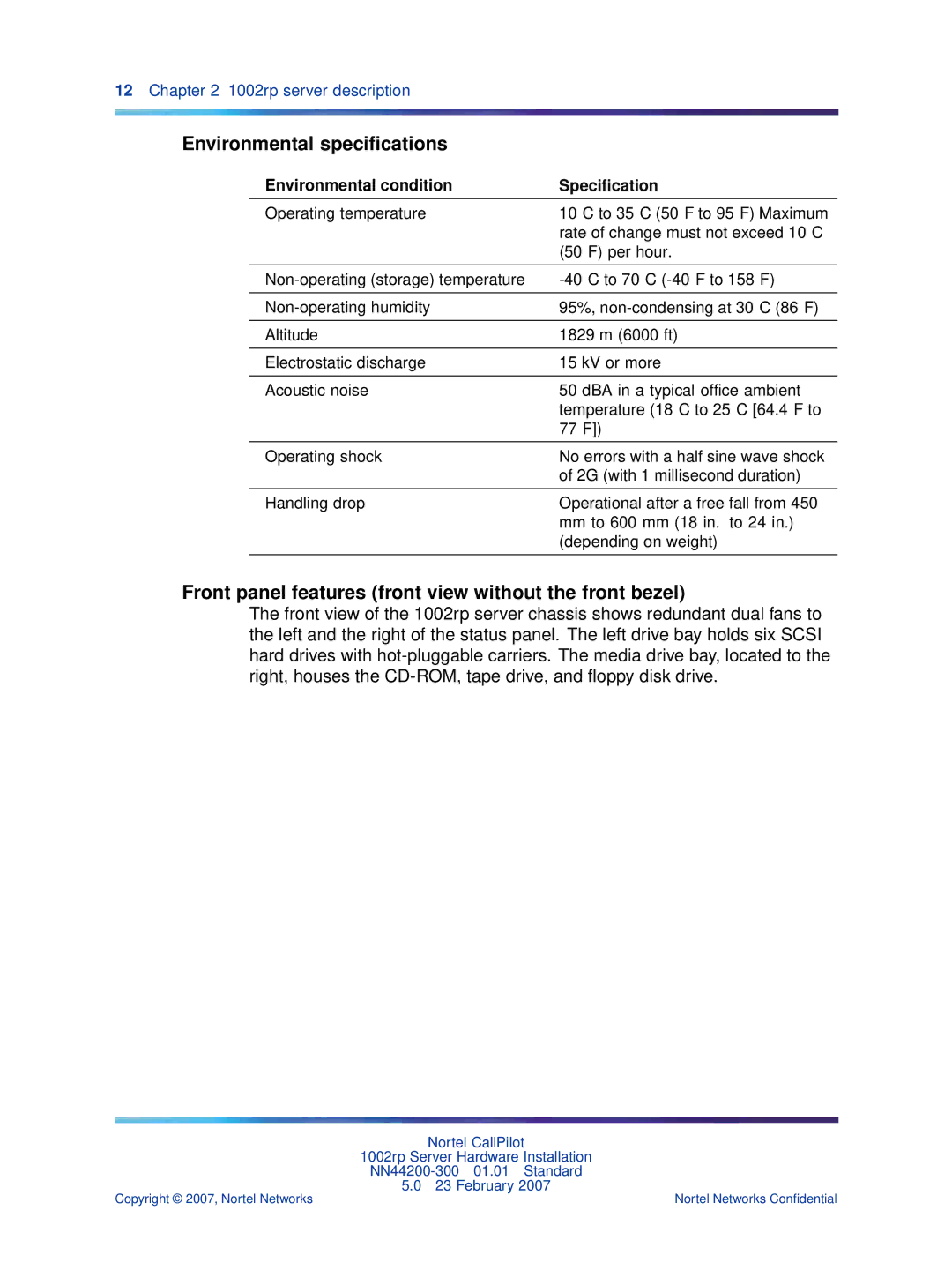 Nortel Networks NN44200-300 manual Environmental speciﬁcations, Front panel features front view without the front bezel 