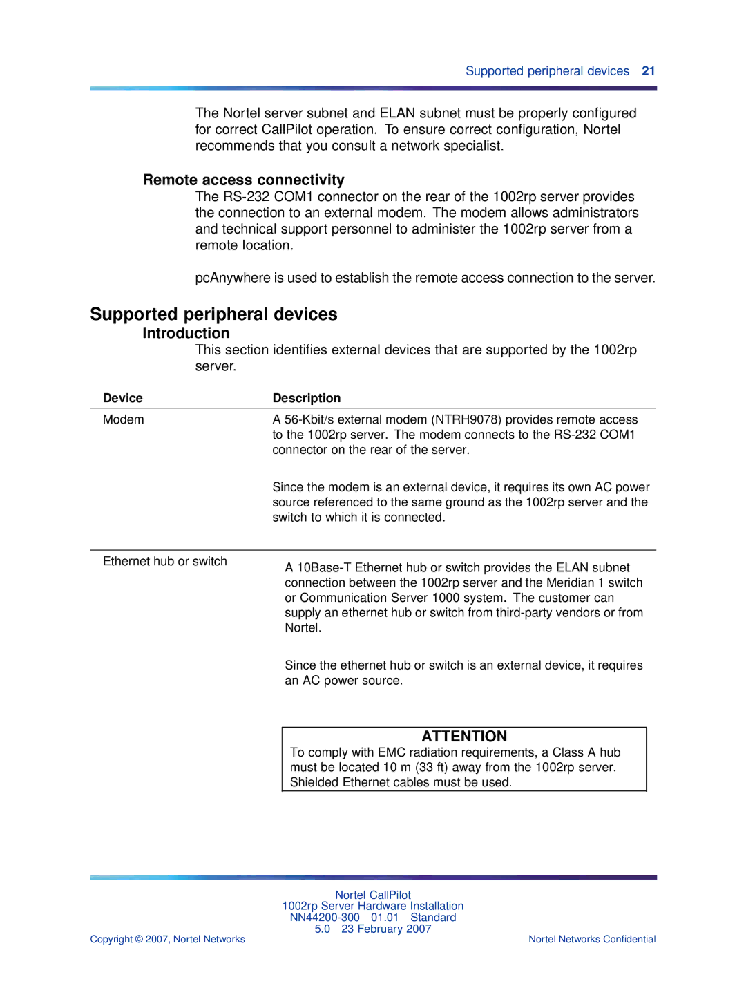 Nortel Networks NN44200-300 manual Supported peripheral devices, Remote access connectivity 