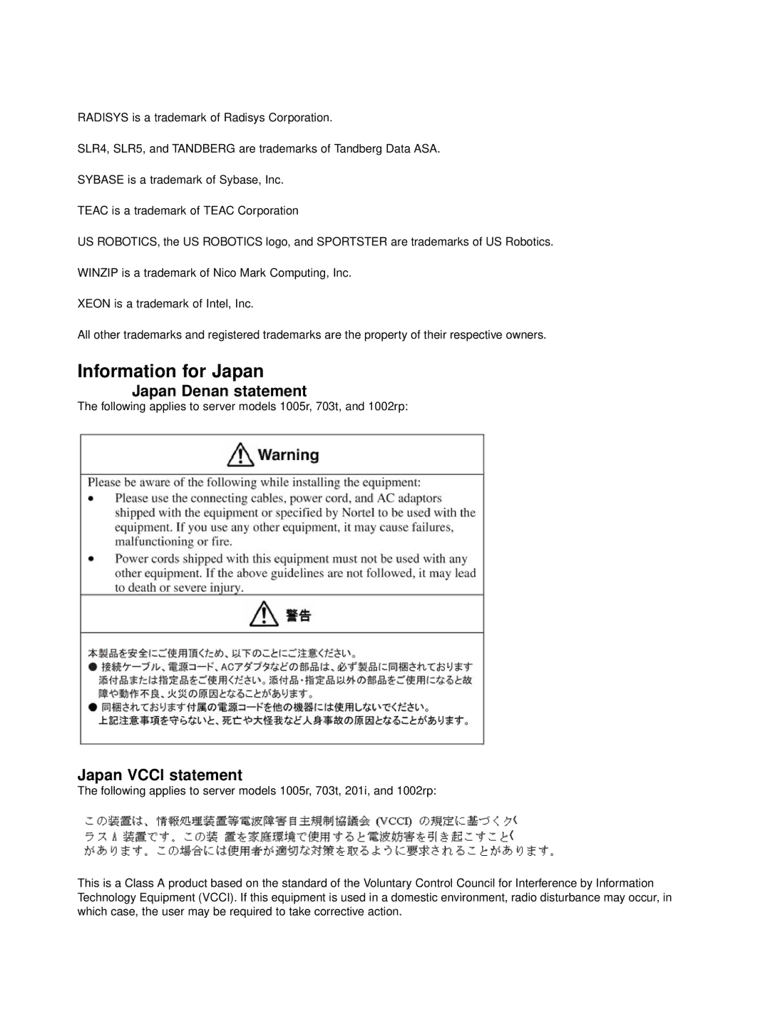 Nortel Networks NN44200-300 manual Information for Japan, Japan Denan statement, Japan Vcci statement 