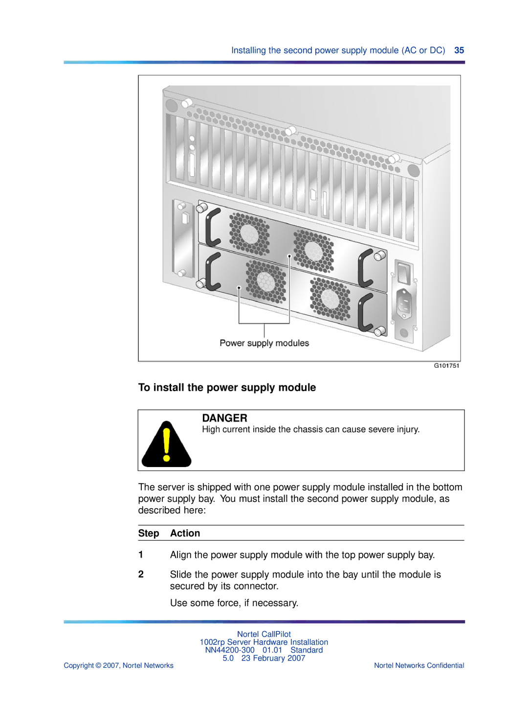 Nortel Networks NN44200-300 manual To install the power supply module 