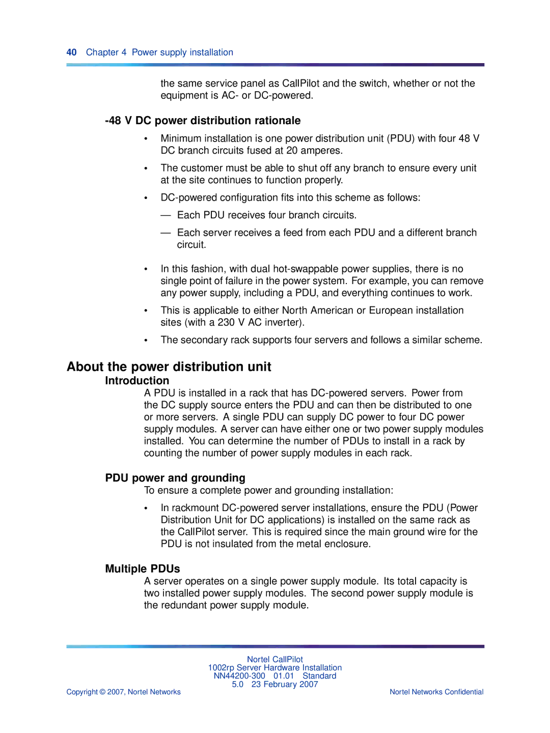 Nortel Networks NN44200-300 About the power distribution unit, DC power distribution rationale, PDU power and grounding 