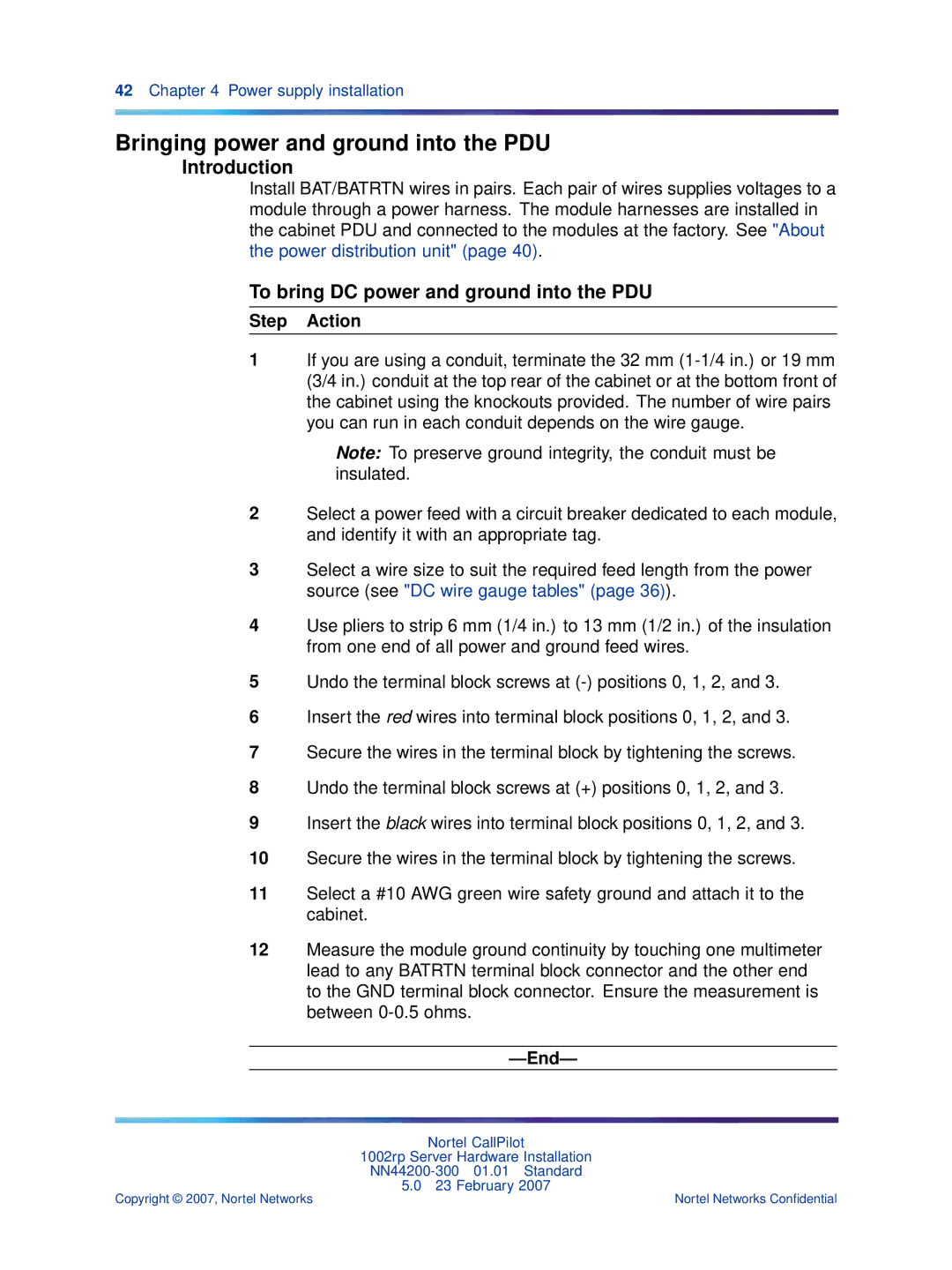Nortel Networks NN44200-300 manual Bringing power and ground into the PDU, To bring DC power and ground into the PDU 