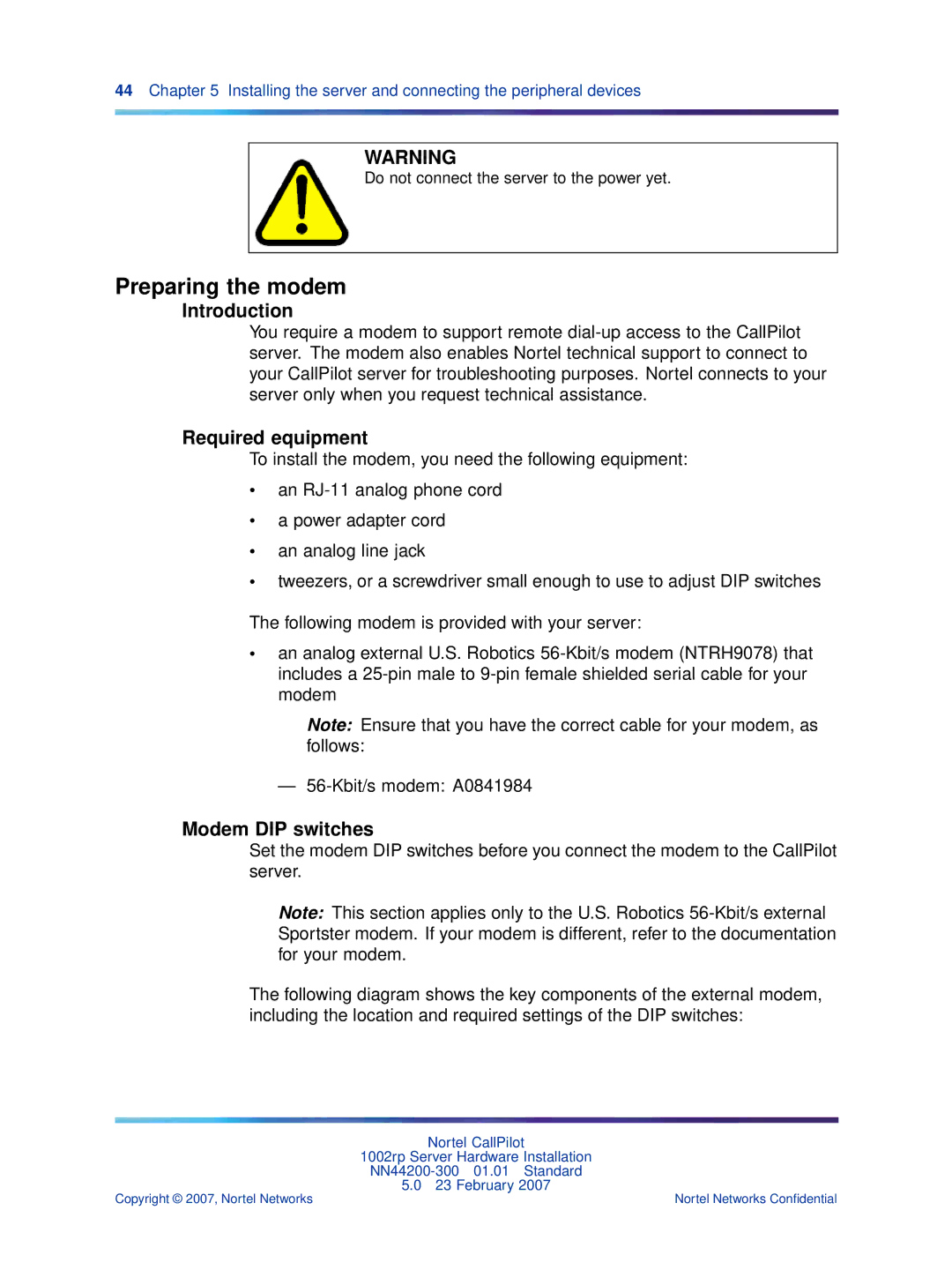 Nortel Networks NN44200-300 manual Preparing the modem, Required equipment, Modem DIP switches 