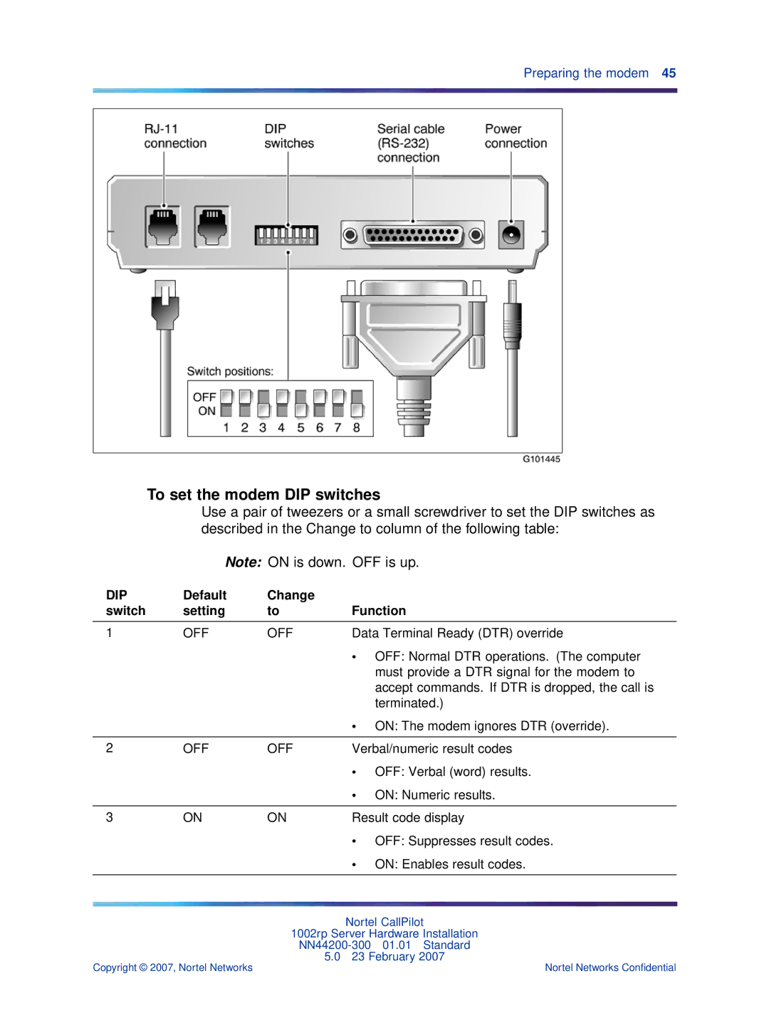 Nortel Networks NN44200-300 manual To set the modem DIP switches, Dip 