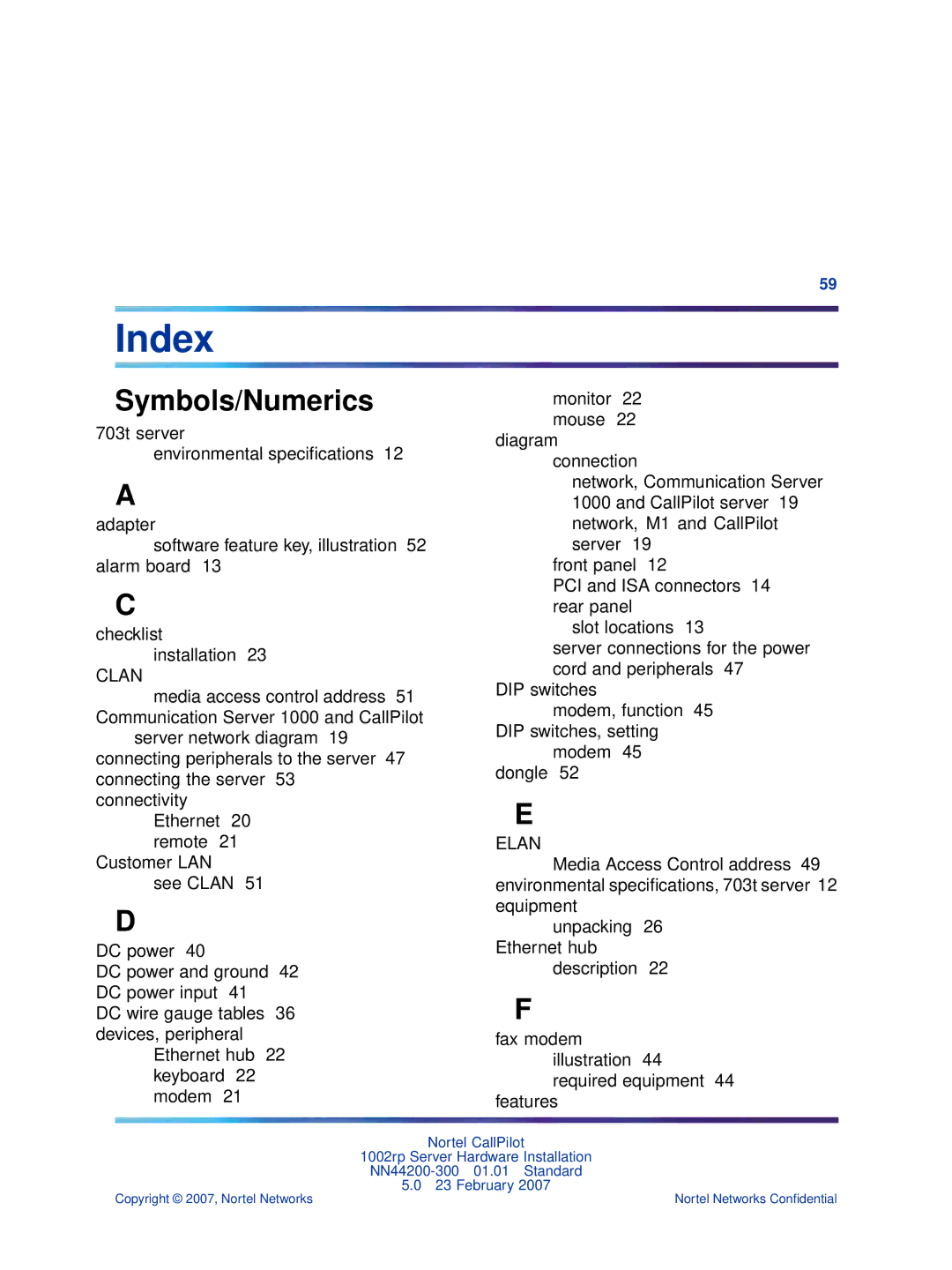 Nortel Networks NN44200-300 manual Index 