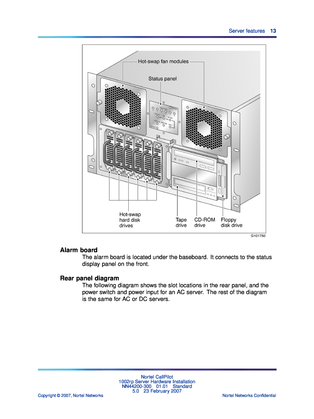 Nortel Networks NN44200-300 manual Alarm board, Rear panel diagram, Server features 