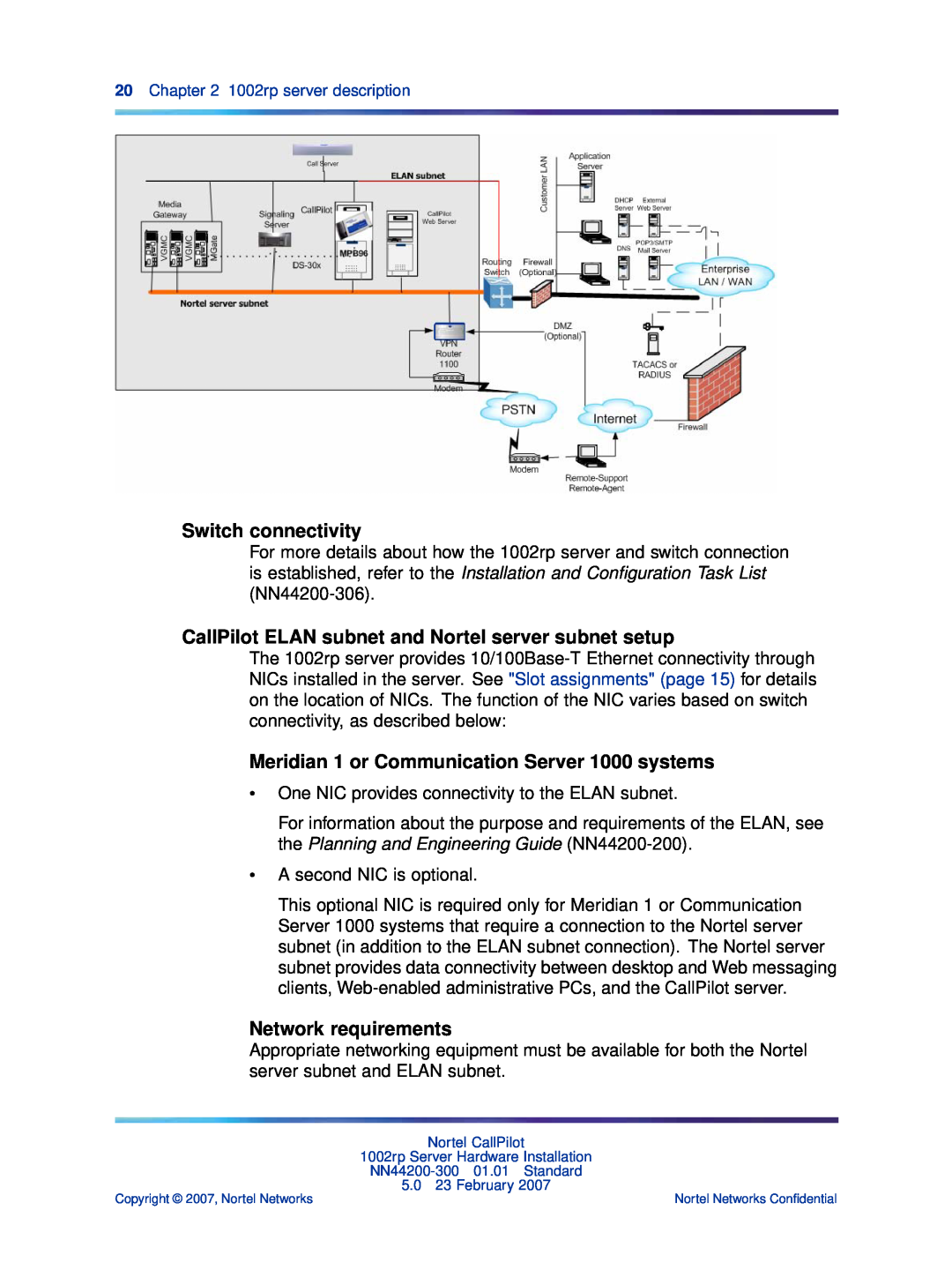 Nortel Networks NN44200-300 manual Switch connectivity, CallPilot ELAN subnet and Nortel server subnet setup 