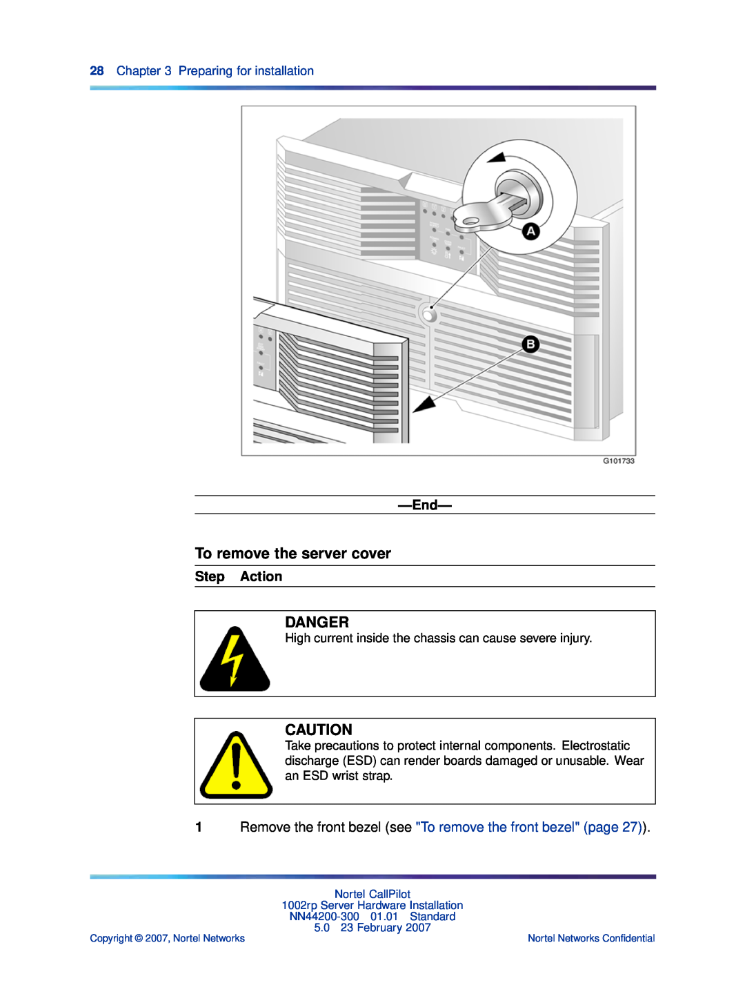 Nortel Networks manual To remove the server cover, Danger, Step Action, NN44200-300 01.01 Standard 5.0 23 February 