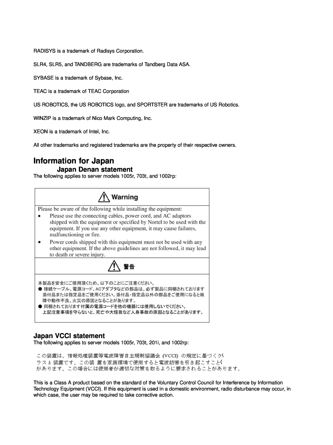 Nortel Networks NN44200-300 manual Information for Japan, Japan Denan statement, Japan VCCI statement 
