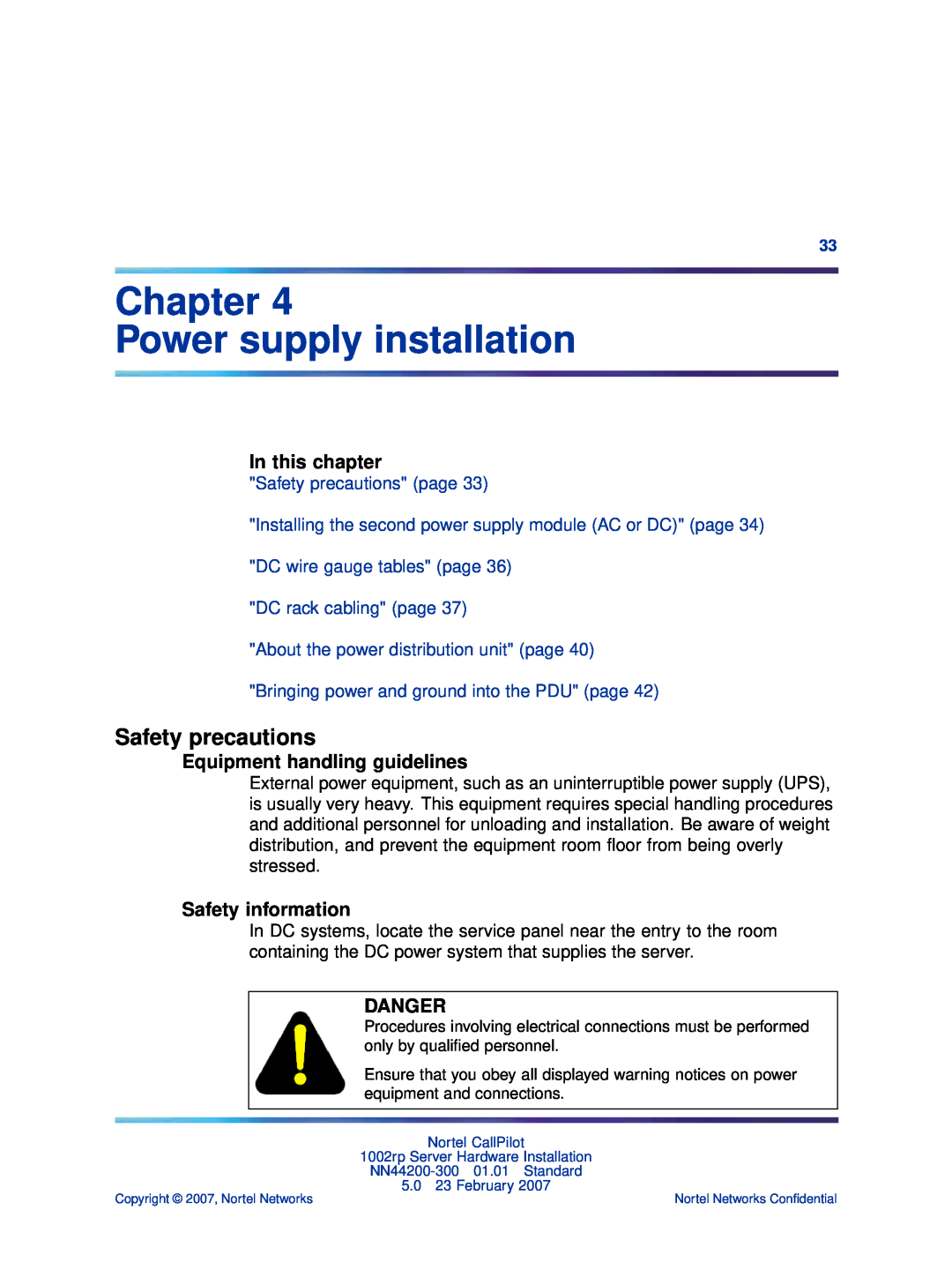 Nortel Networks NN44200-300 Chapter Power supply installation, Safety precautions, Equipment handling guidelines, Danger 