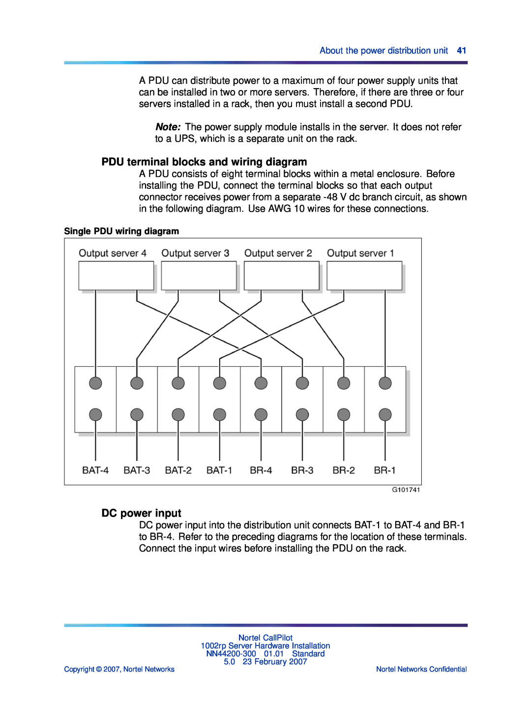 Nortel Networks NN44200-300 manual PDU terminal blocks and wiring diagram, DC power input, Single PDU wiring diagram 